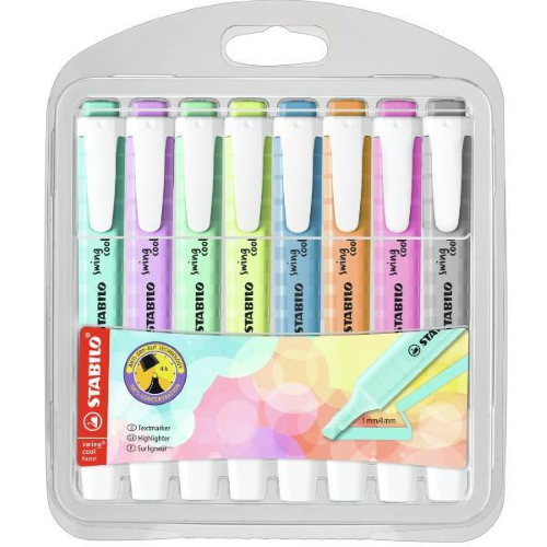 STABILO SWING COOL PASTEL EVIDENZIATORE PUNTA A SCALPELLO 1/4 mm COLORI ASSORTITI CONF 8 Pz.